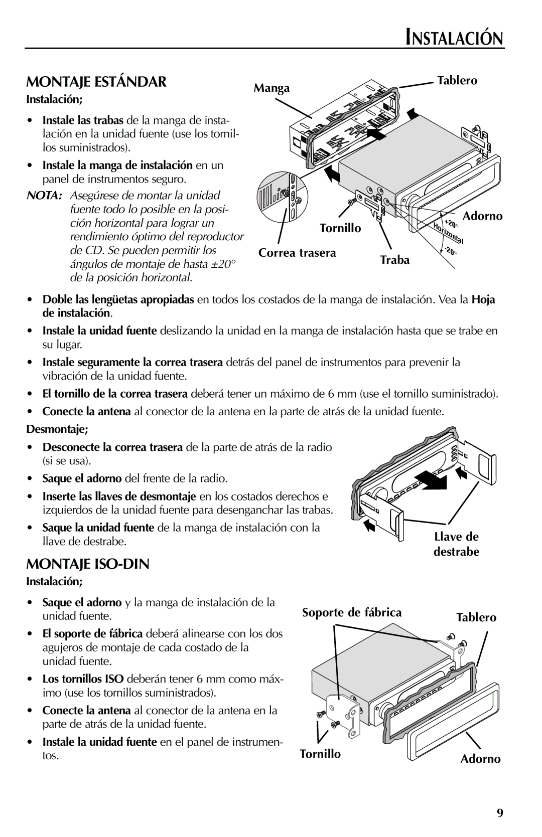 Rockford Fosgate RFX9000 manual Montaje Estándar, Montaje ISO-DIN 