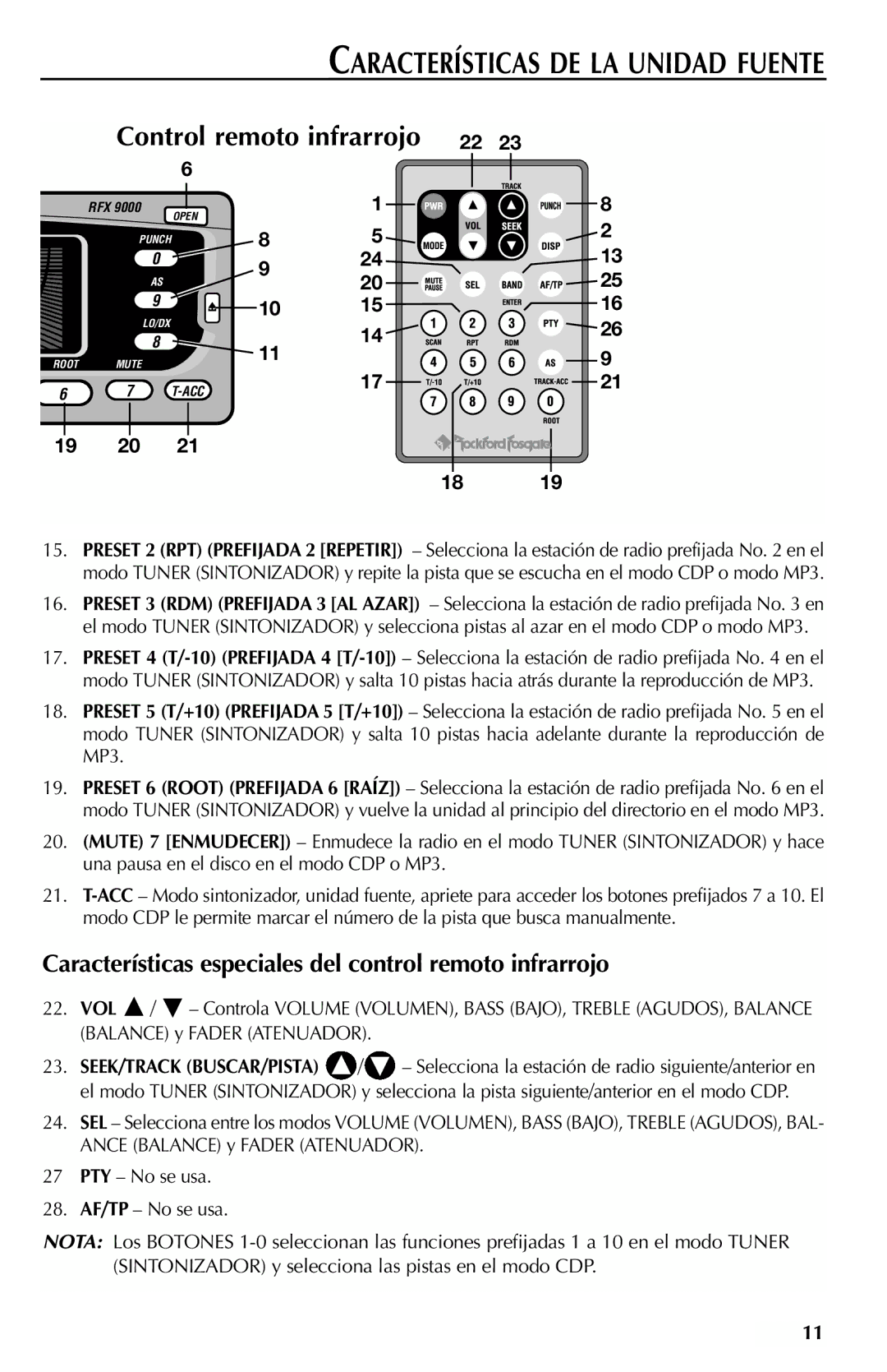 Rockford Fosgate RFX9000 Características DE LA Unidad Fuente, Características especiales del control remoto infrarrojo 