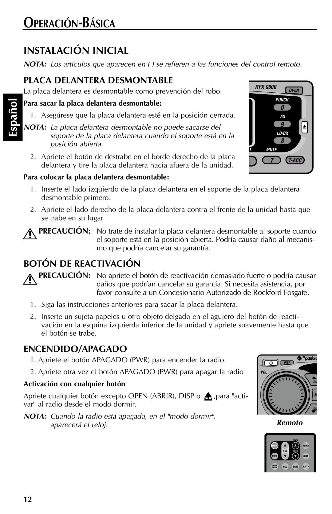 Rockford Fosgate RFX9000 manual Operación-Básica, Placa Delantera Desmontable, Botón DE Reactivación, Encendido/Apagado 