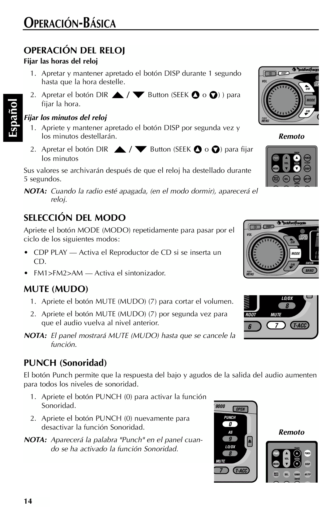 Rockford Fosgate RFX9000 Operación DEL Reloj, Selección DEL Modo, Mute Mudo, Punch Sonoridad, Fijar las horas del reloj 