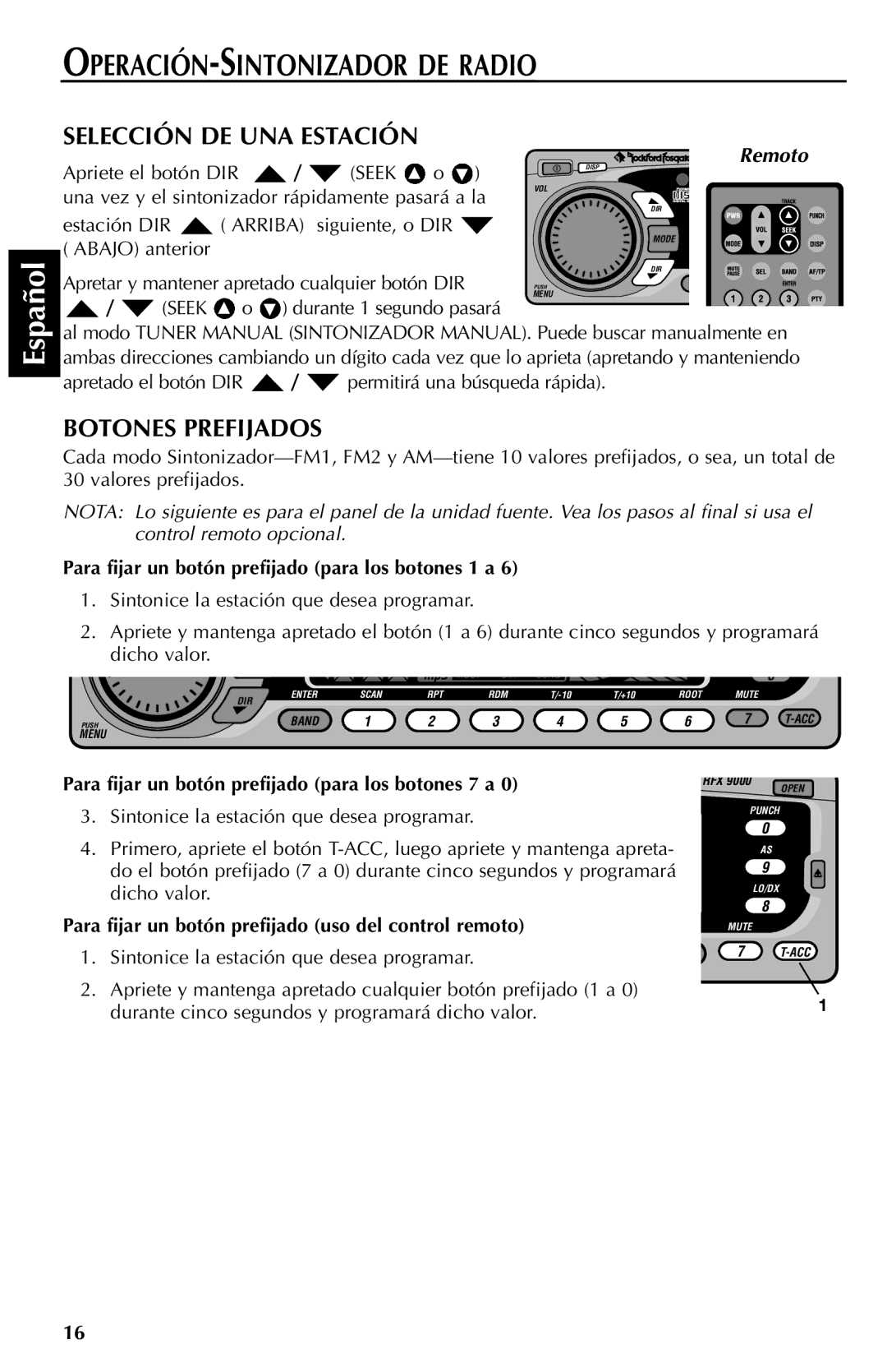 Rockford Fosgate RFX9000 Selección DE UNA Estación, Botones Prefijados, Para fijar un botón prefijado para los botones 1 a 