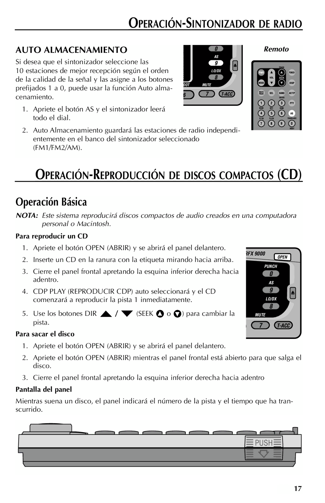 Rockford Fosgate RFX9000 manual Auto Almacenamiento, OPERACIÓN-REPRODUCCIÓN DE Discos Compactos CD, Para reproducir un CD 