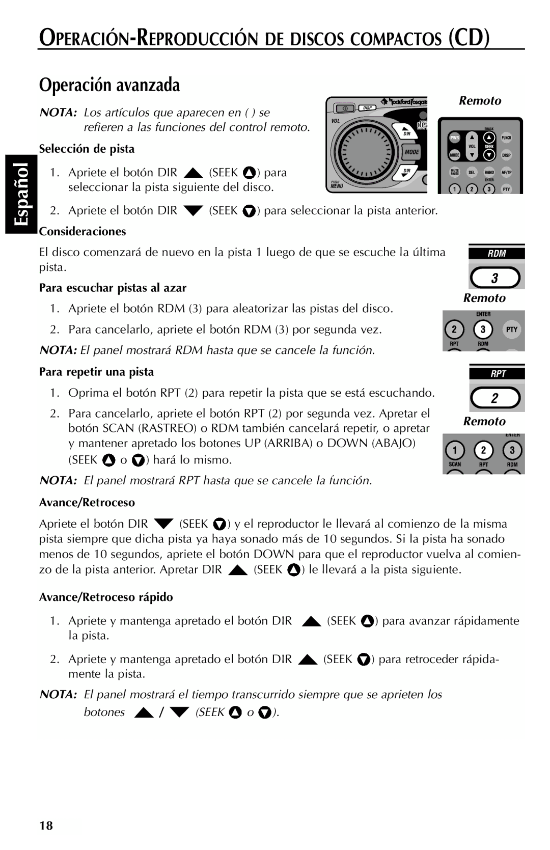 Rockford Fosgate RFX9000 manual Selección de pista, Consideraciones, Para escuchar pistas al azar, Para repetir una pista 