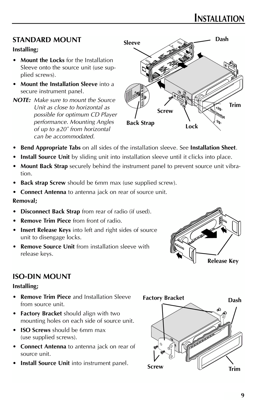 Rockford Fosgate RFX9000 manual Standard Mount, ISO-DIN Mount, Removal, Release Key, Factory Bracket Screw Dash Trim 