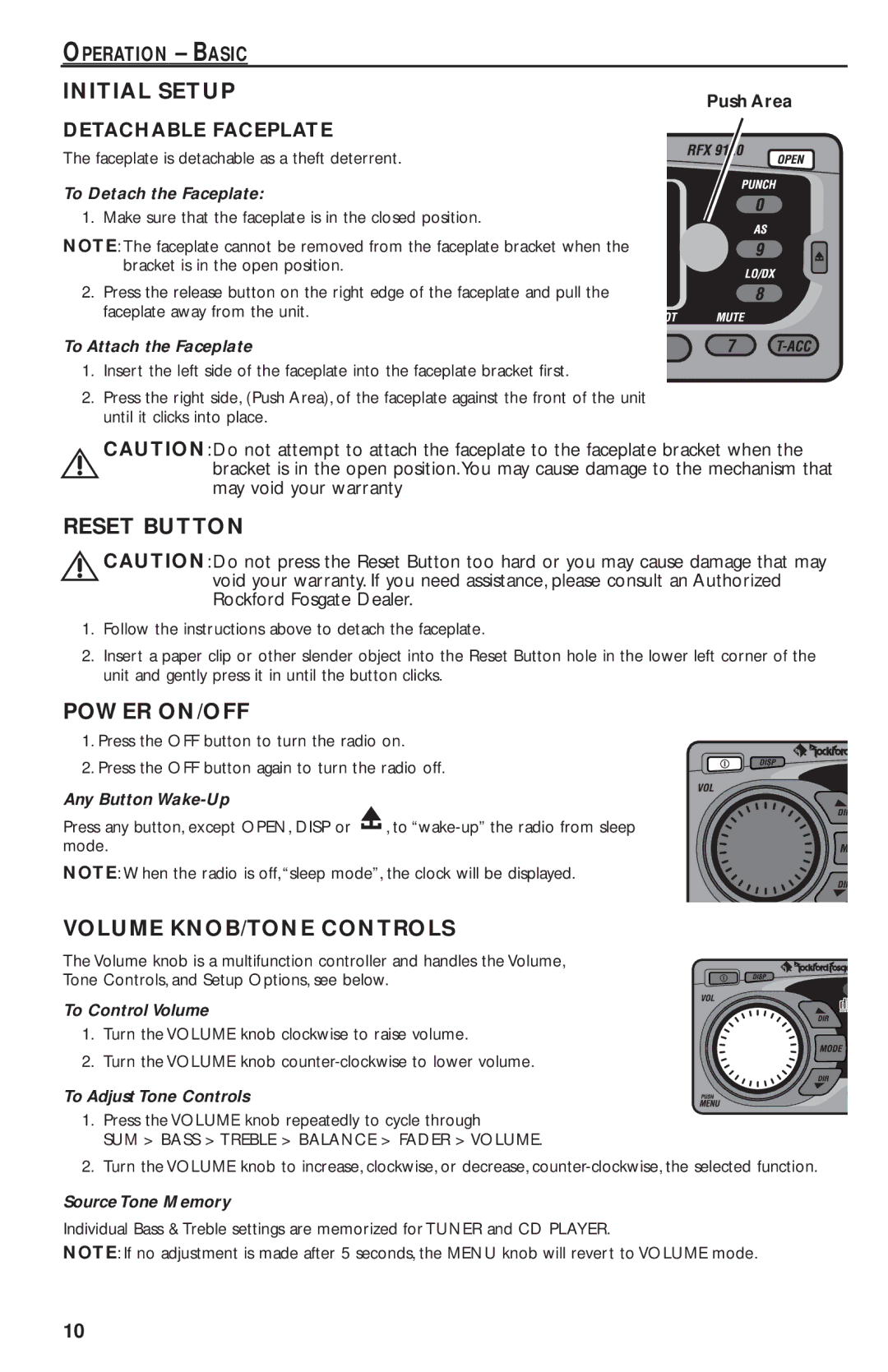 Rockford Fosgate RFX9020M manual Initial Setup, Reset Button, Power ON/OFF, Volume KNOB/TONE Controls 