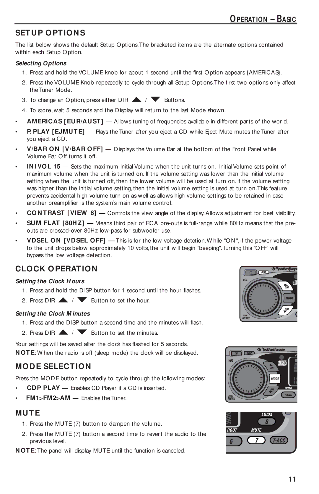 Rockford Fosgate RFX9020M manual Setup Options, Clock Operation, Mode Selection, Mute 