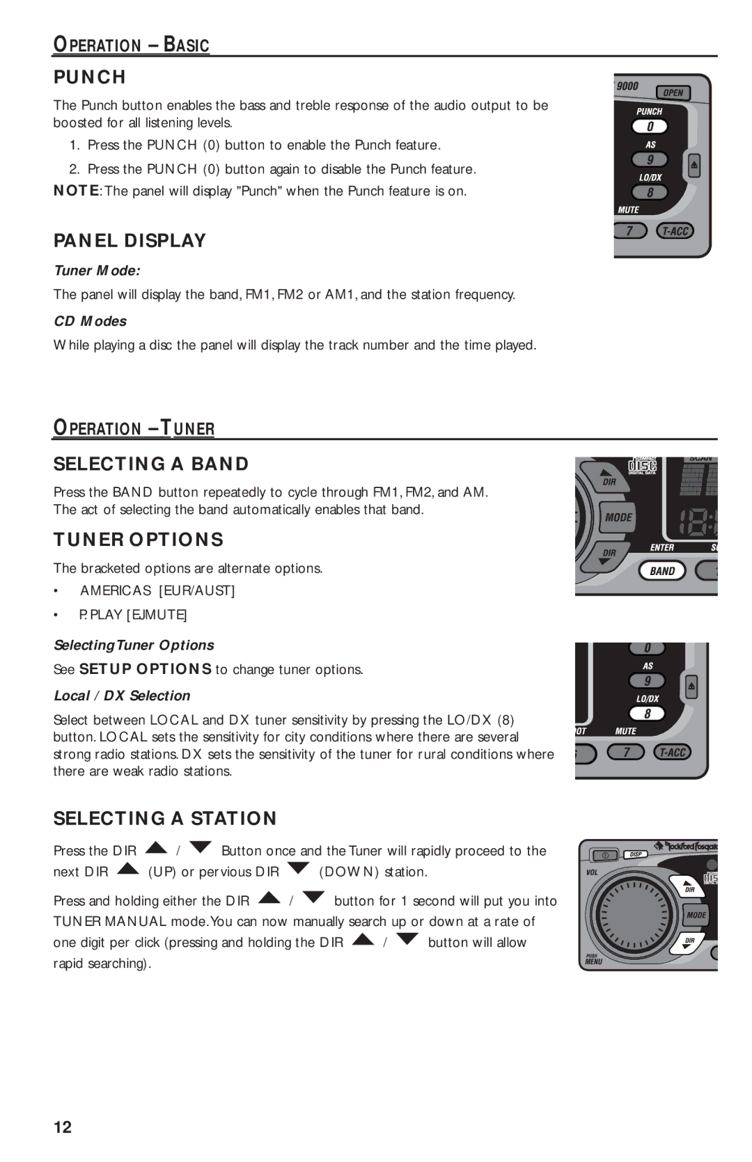 Rockford Fosgate RFX9020M manual Punch, Panel Display, Selecting a Band, Tuner Options, Selecting a Station 