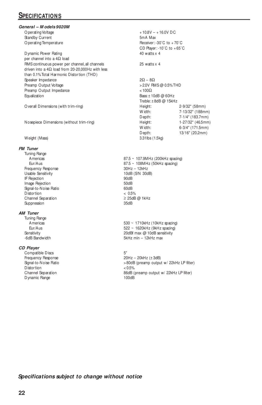 Rockford Fosgate RFX9020M manual Specifications, General Models 9020M 