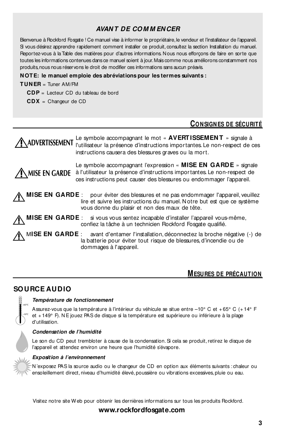 Rockford Fosgate RFX9020M manual Source Audio, Consignes DE Sécurité, Mesures DE Précaution 