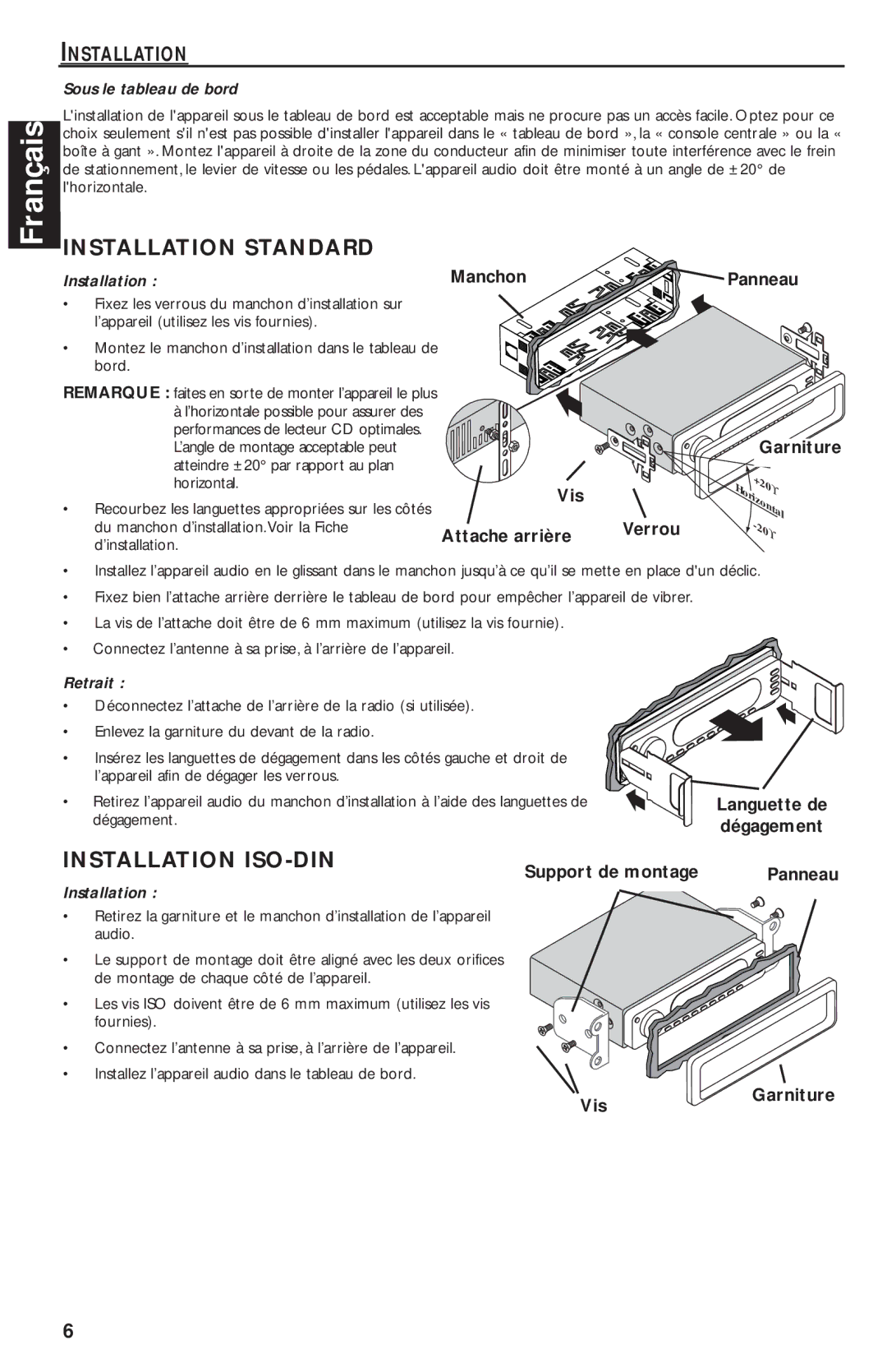 Rockford Fosgate RFX9020M manual Installation Standard, Installation ISO-DIN, Manchon 