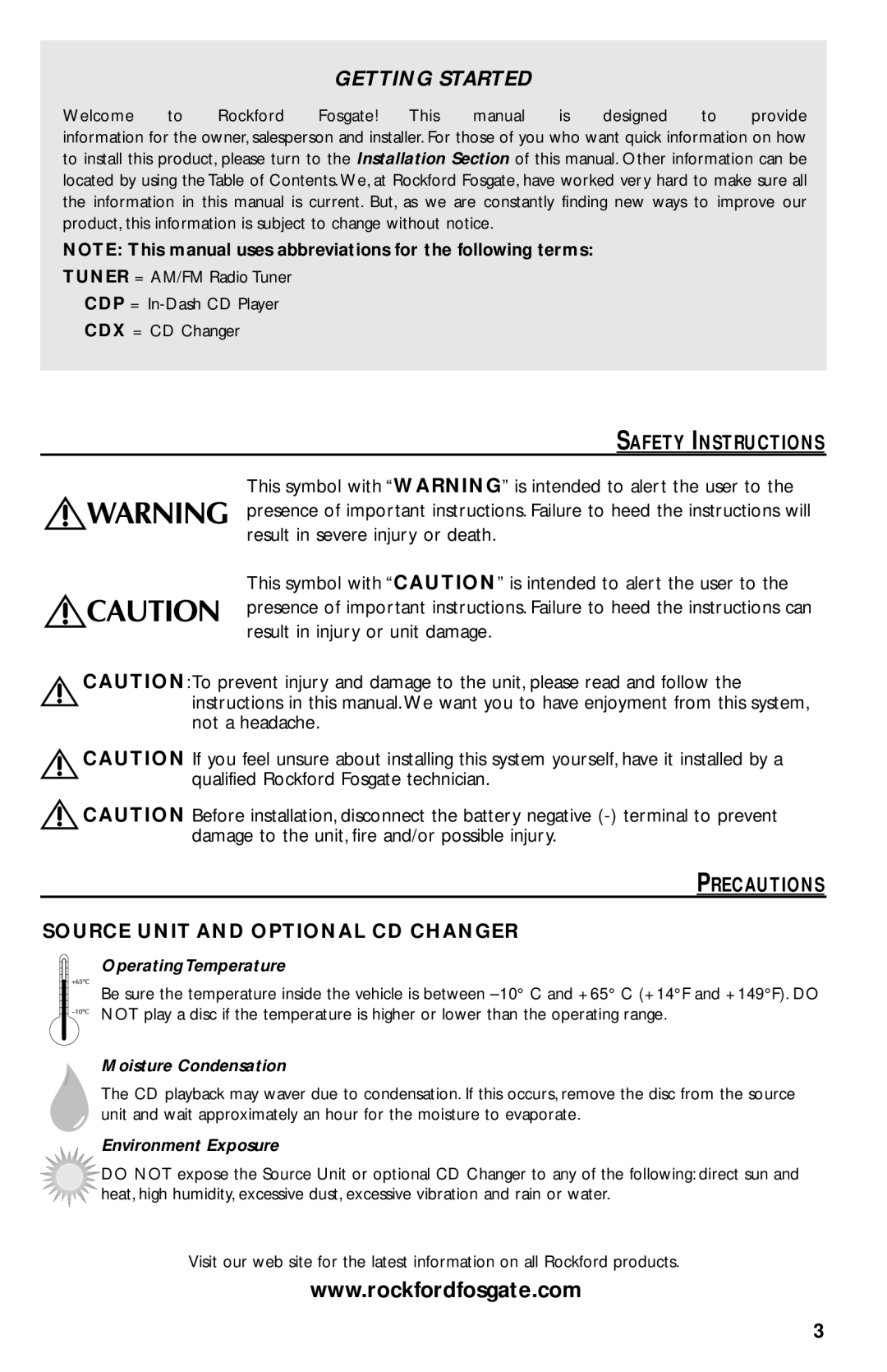 Rockford Fosgate RFX9020M Safety Instructions, Precautions Source Unit and Optional CD Changer, Operating Temperature 