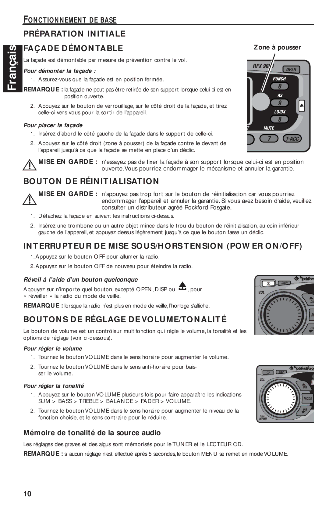 Rockford Fosgate RFX9020M manual Préparation Initiale Façade Démontable, Bouton DE Réinitialisation, Fonctionnement DE Base 