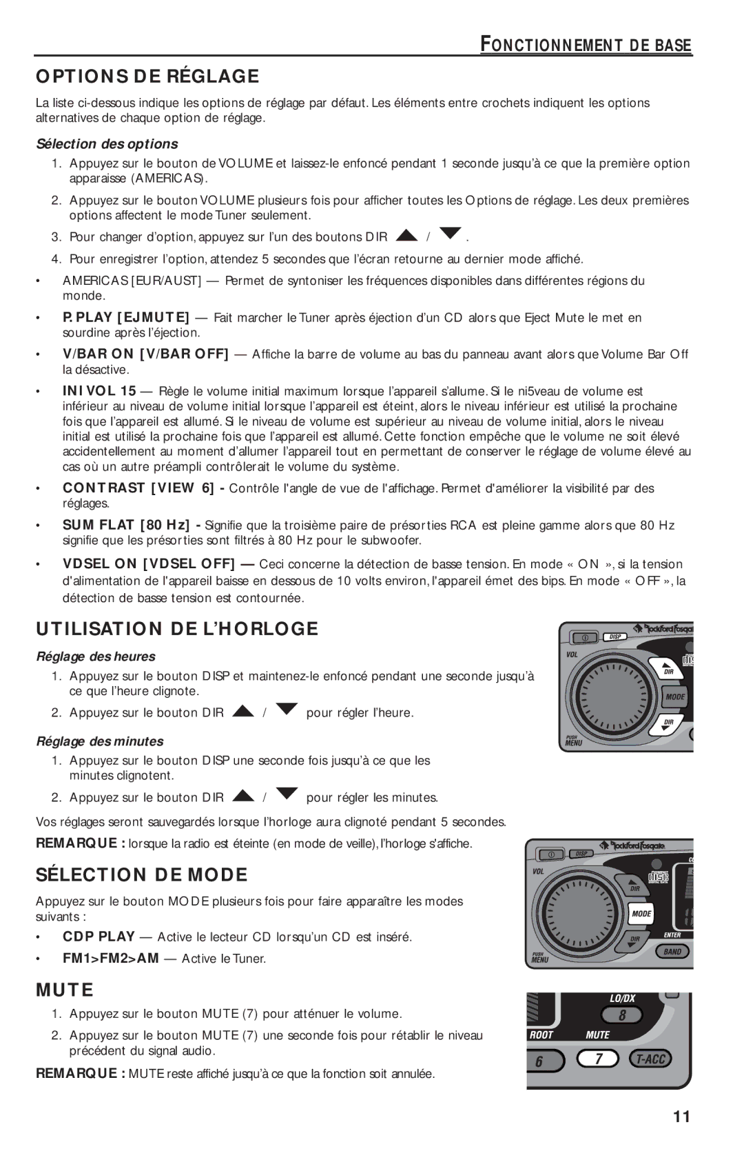 Rockford Fosgate RFX9020M manual Options DE Réglage, Utilisation DE L’HORLOGE, Sélection DE Mode, Sélection des options 