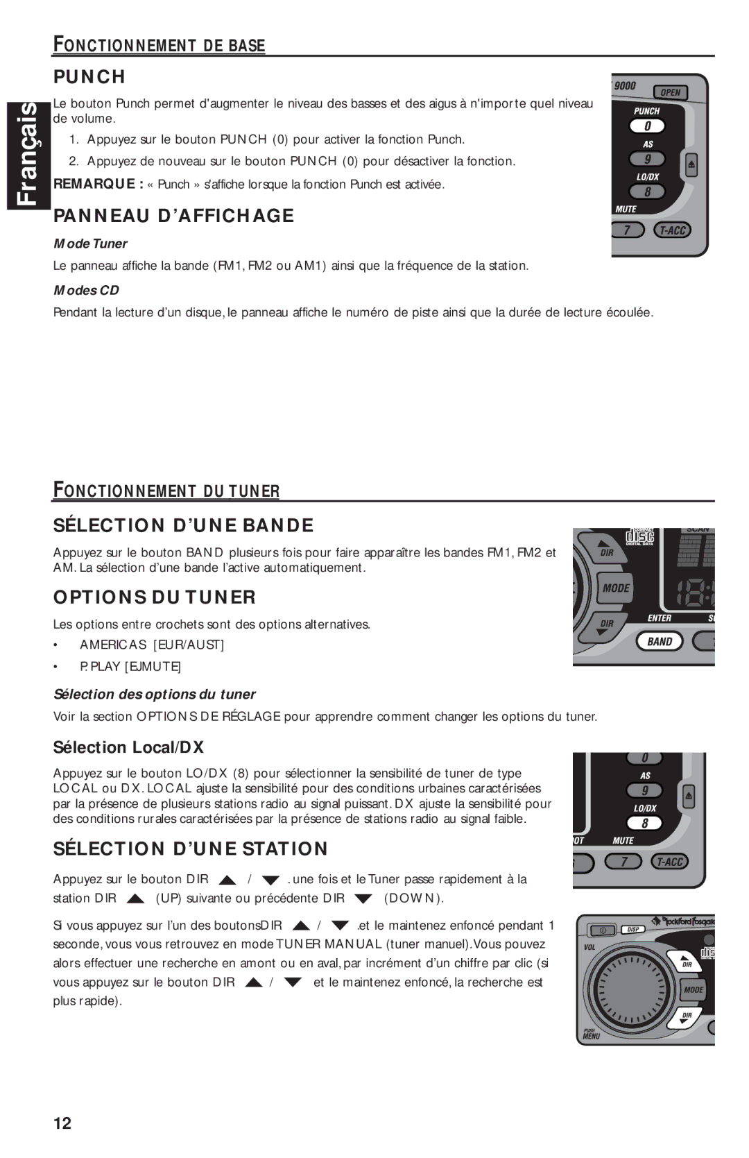 Rockford Fosgate RFX9020M manual Panneau D’AFFICHAGE, Sélection D’UNE Bande, Options DU Tuner, Sélection D’UNE Station 