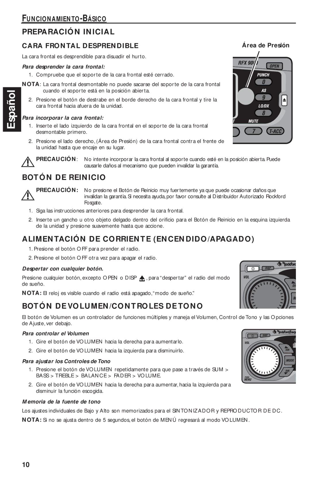 Rockford Fosgate RFX9020M manual Preparación Inicial, Botón DE Reinicio, Alimentación DE Corriente ENCENDIDO/APAGADO 