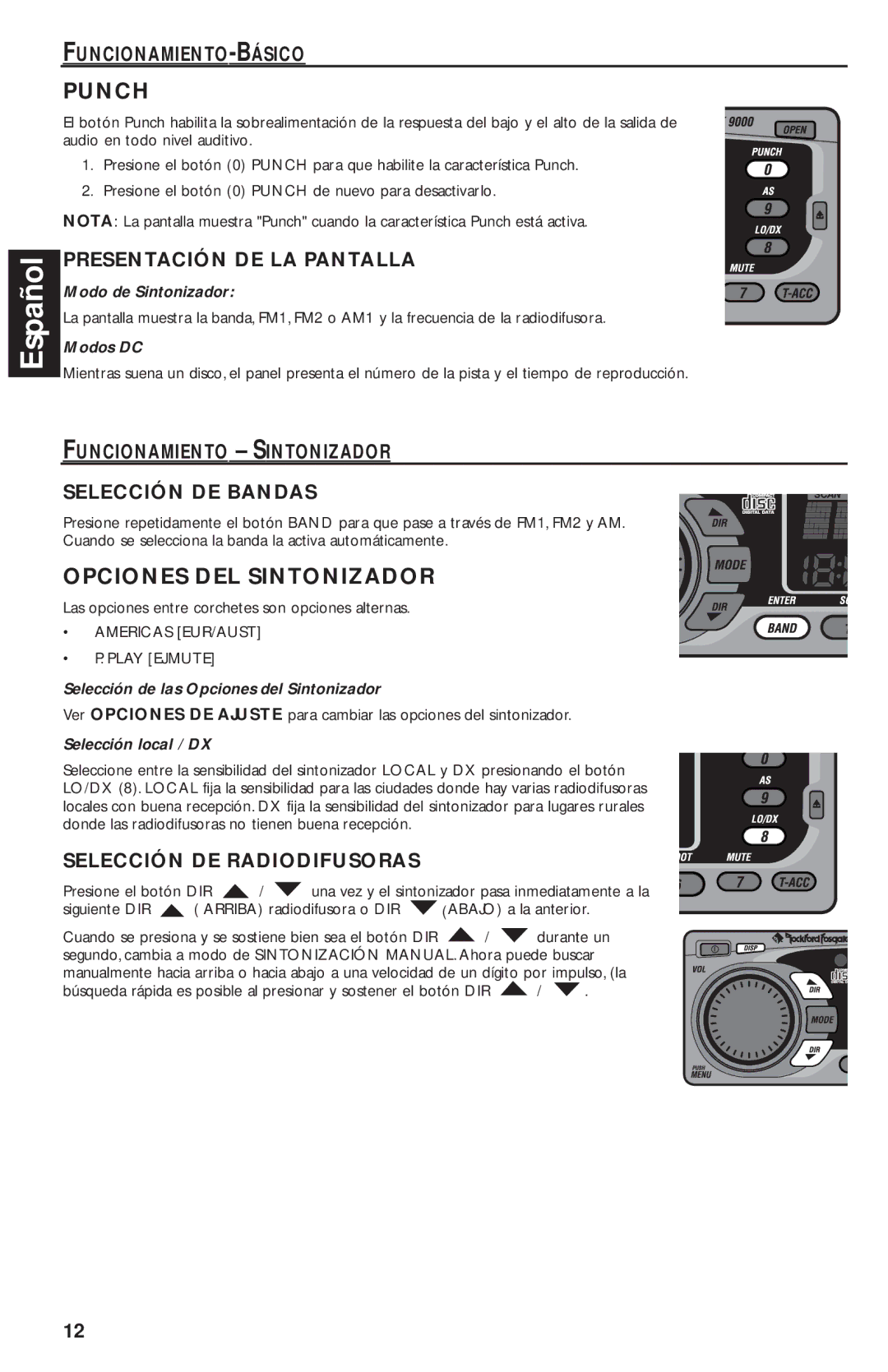 Rockford Fosgate RFX9020M manual Opciones DEL Sintonizador, Presentación DE LA Pantalla, Selección DE Radiodifusoras 