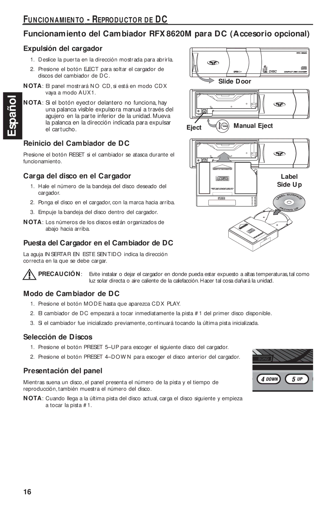 Rockford Fosgate RFX9020M manual Expulsión del cargador, Reinicio del Cambiador de DC, Carga del disco en el Cargador 