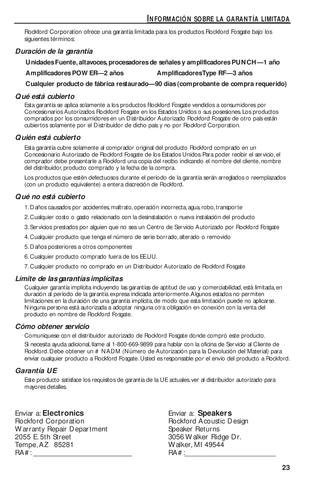 Rockford Fosgate RFX9020M manual Duración de la garantía, Información Sobre LA Garantía Limitada 