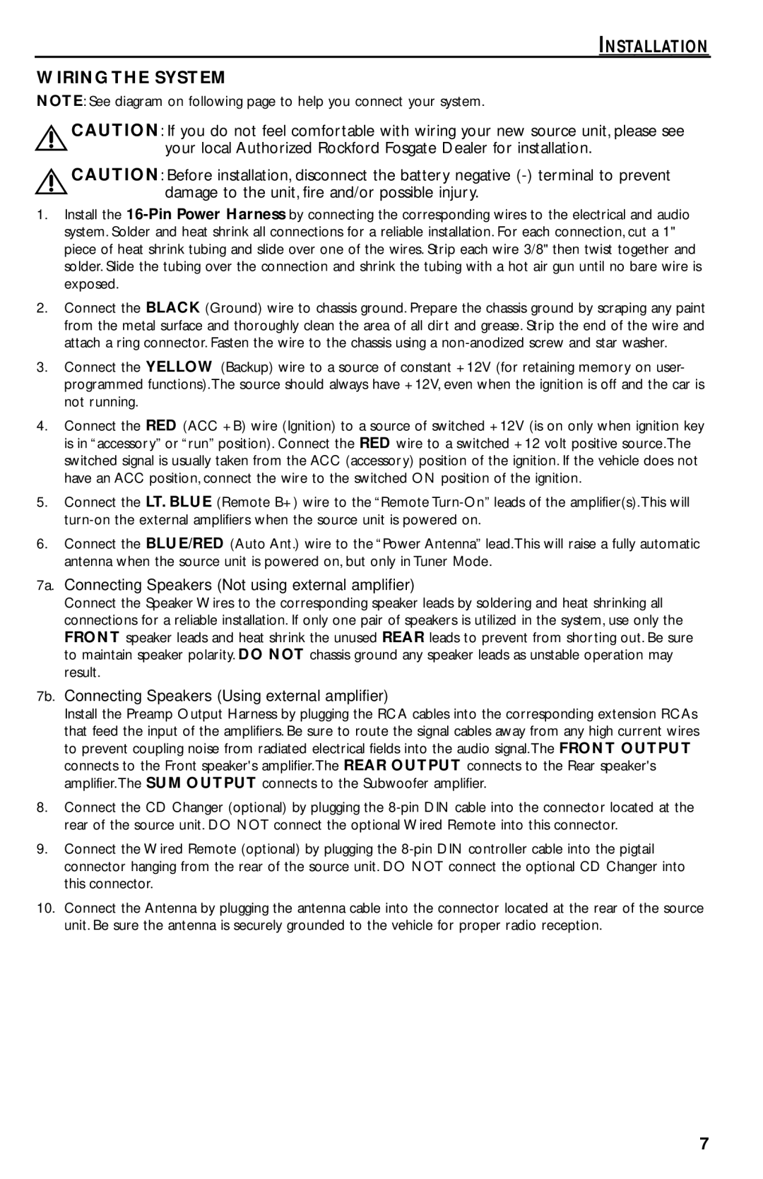 Rockford Fosgate RFX9020M manual Installation Wiring the System, 7a. Connecting Speakers Not using external amplifier 