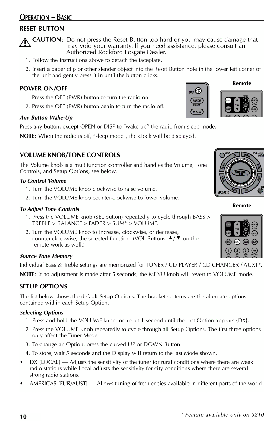 Rockford Fosgate RFX9110G, RFX9210G Operation Basic Reset Button, Power ON/OFF, Volume KNOB/TONE Controls, Setup Options 