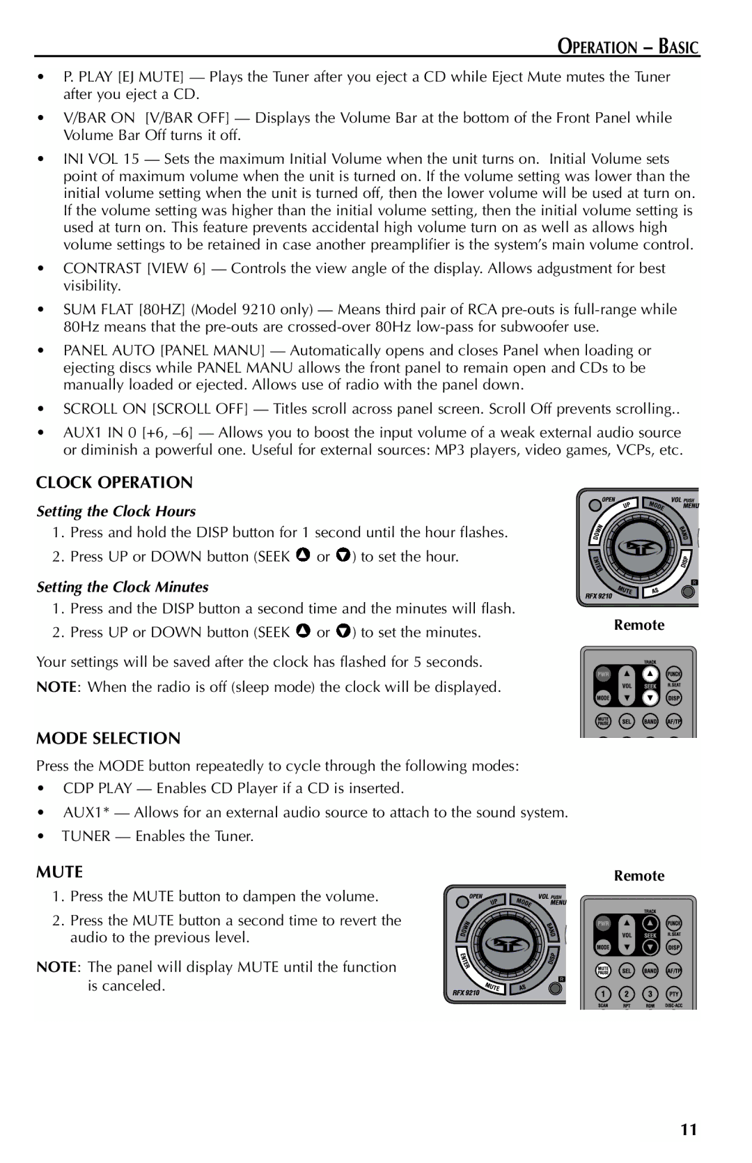 Rockford Fosgate RFX9210G, RFX9210R, RFX9110R, RFX9110G manual Operation Basic, Clock Operation, Mode Selection, Mute 