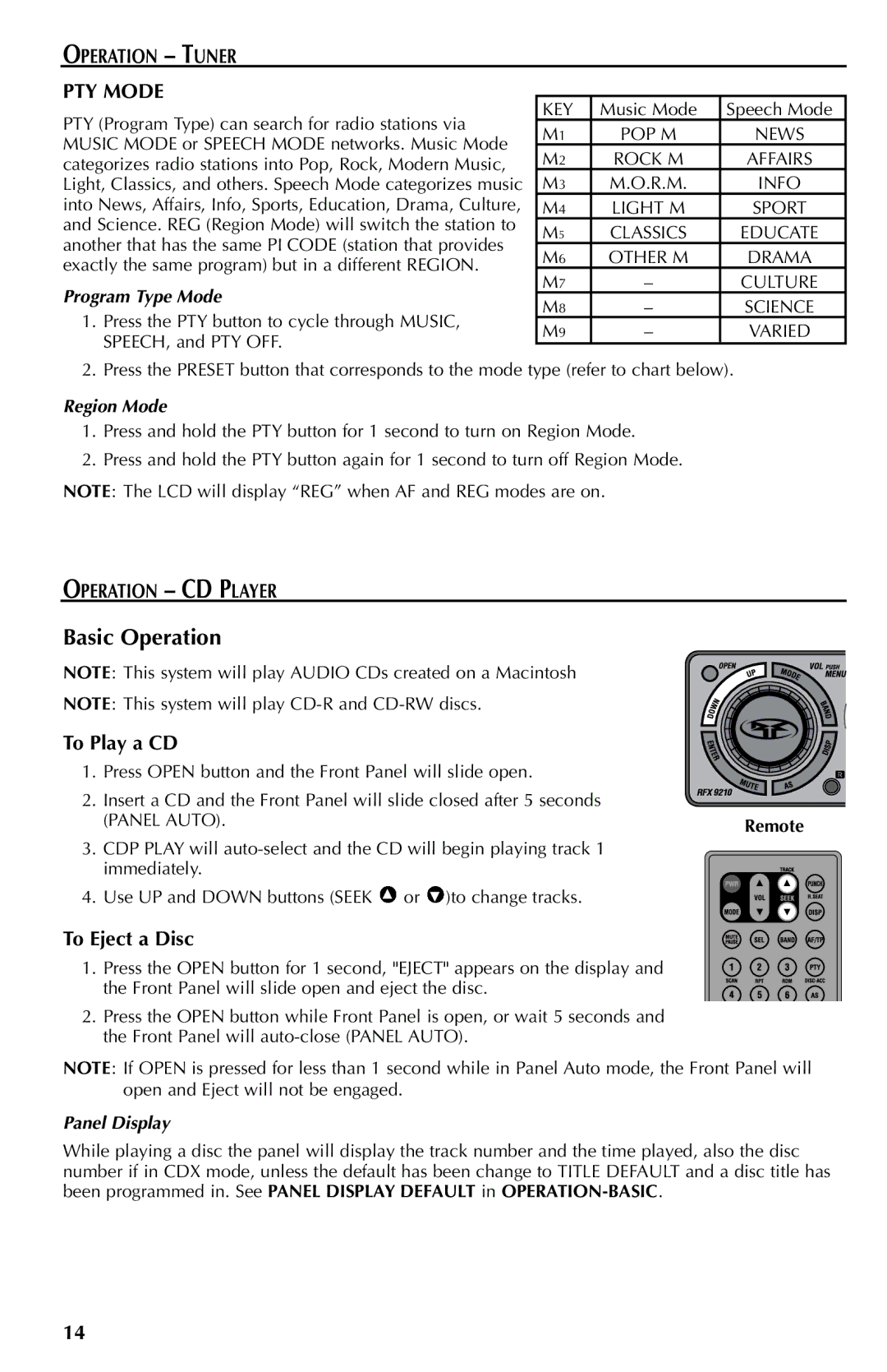 Rockford Fosgate RFX9110R Basic Operation, Operation Tuner PTY Mode, Operation CD Player, To Play a CD, To Eject a Disc 