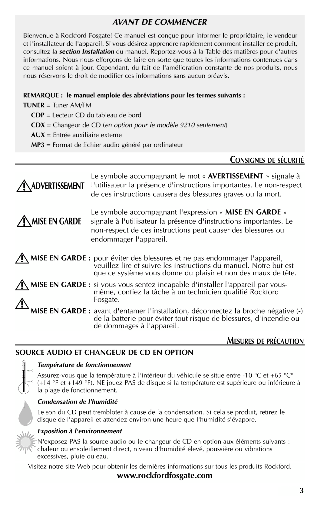 Rockford Fosgate RFX9210G, RFX9210R Consignes DE Sécurité, Température de fonctionnement, Condensation de lhumidité 