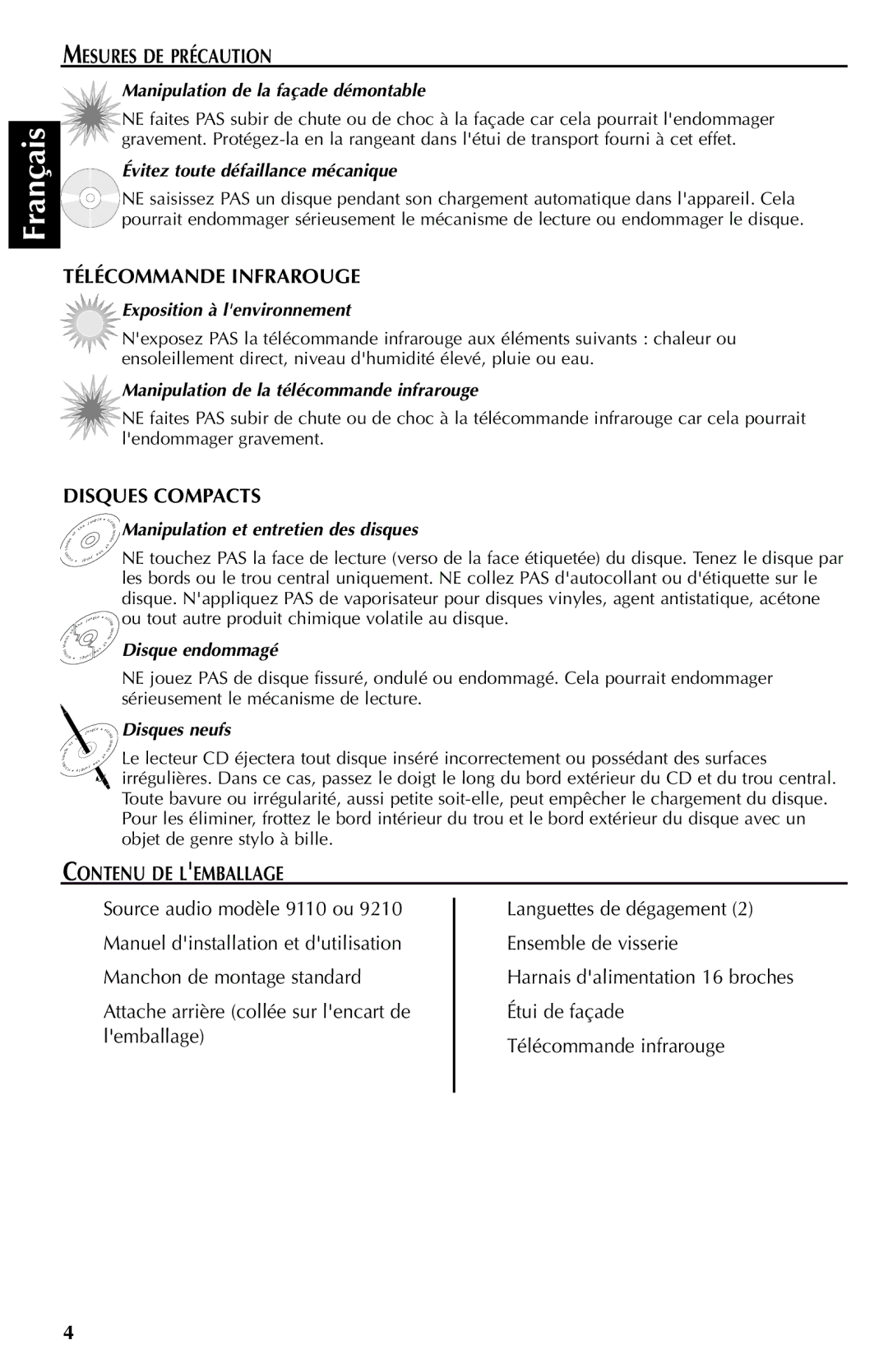 Rockford Fosgate RFX9110G, RFX9210 Mesures DE Précaution, Télécommande Infrarouge, Disques Compacts, Contenu DE Lemballage 