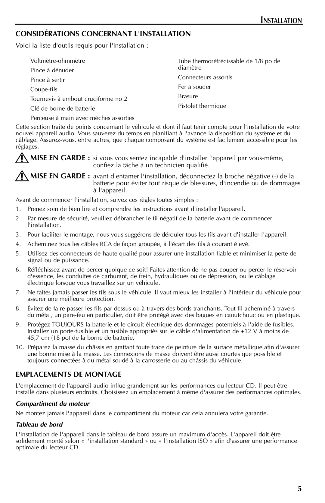 Rockford Fosgate RFX9110 Installation Considérations Concernant Linstallation, Emplacements DE Montage, Tableau de bord 