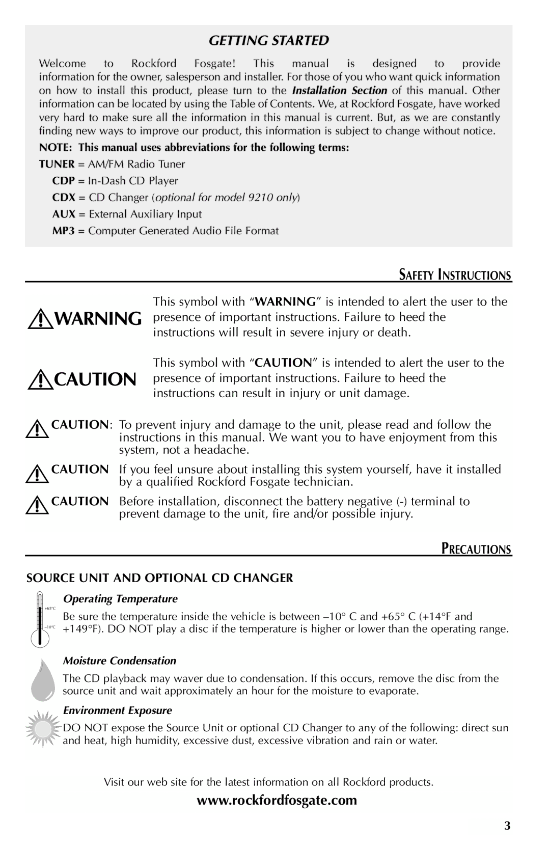 Rockford Fosgate RFX9210 manual Safety Instructions, Precautions Source Unit and Optional CD Changer, Operating Temperature 