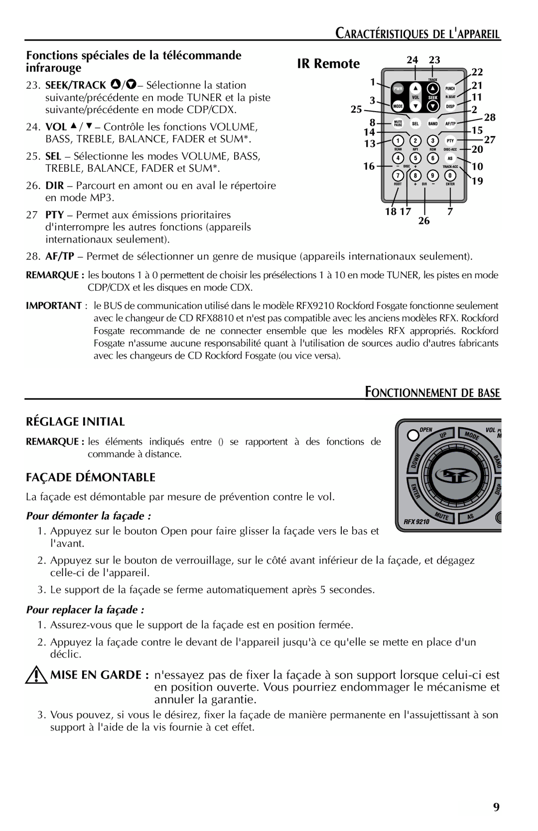 Rockford Fosgate RFX9210 manual Fonctions spéciales de la télécommande infrarouge, Fonctionnement DE Base Réglage Initial 