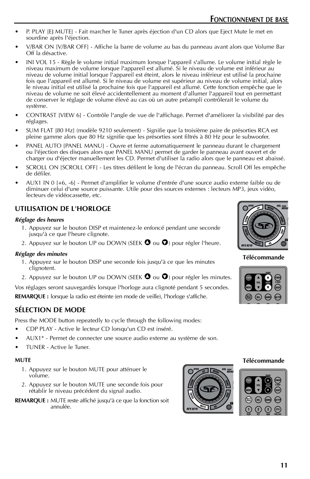 Rockford Fosgate RFX9110, RFX9210G Fonctionnement DE Base, Utilisation DE Lhorloge, Sélection DE Mode, Réglage des heures 