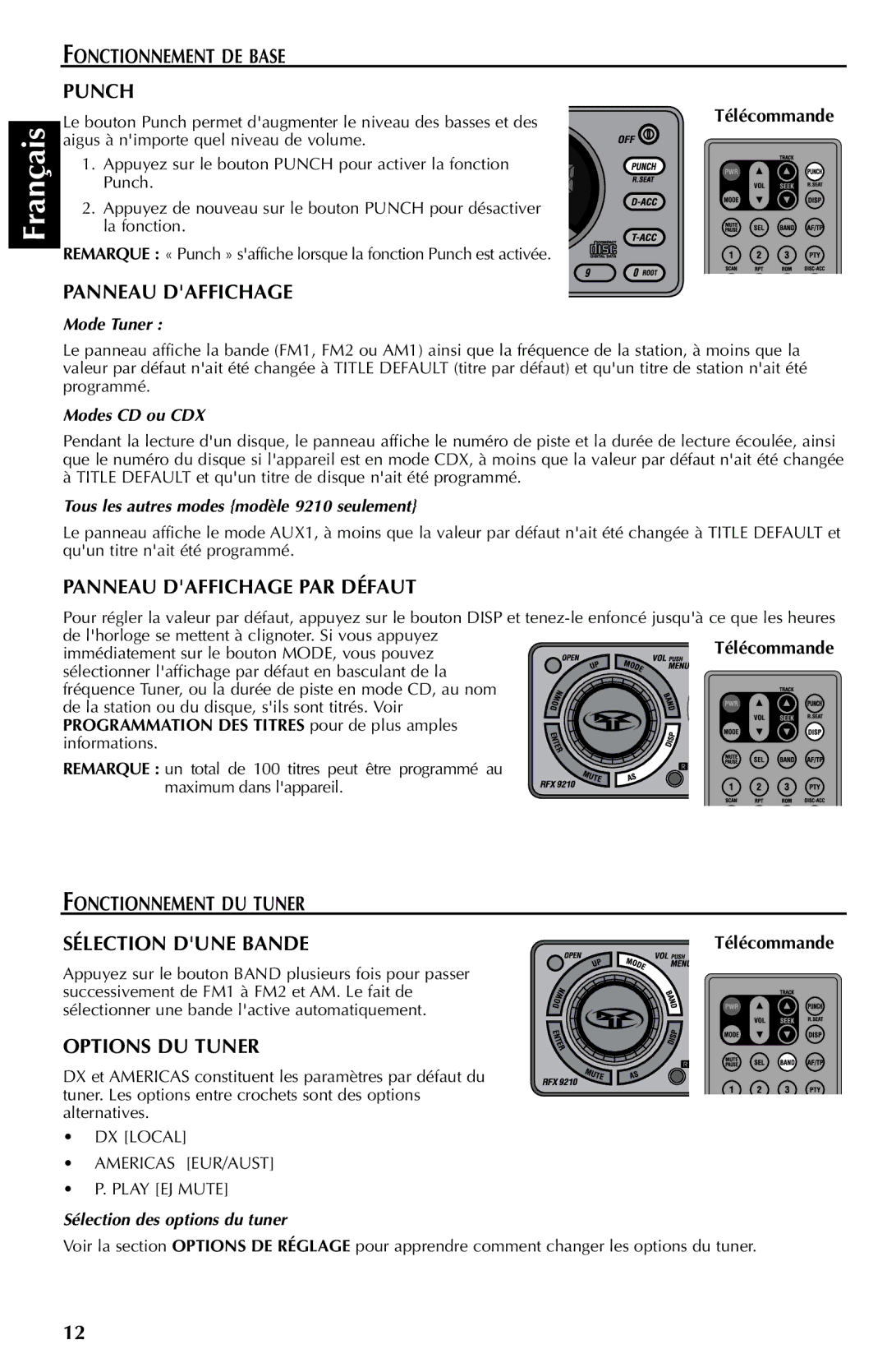 Rockford Fosgate RFX9210G, RFX9210R manual Fonctionnement DE Base Punch, Panneau Daffichage PAR Défaut, Options DU Tuner 