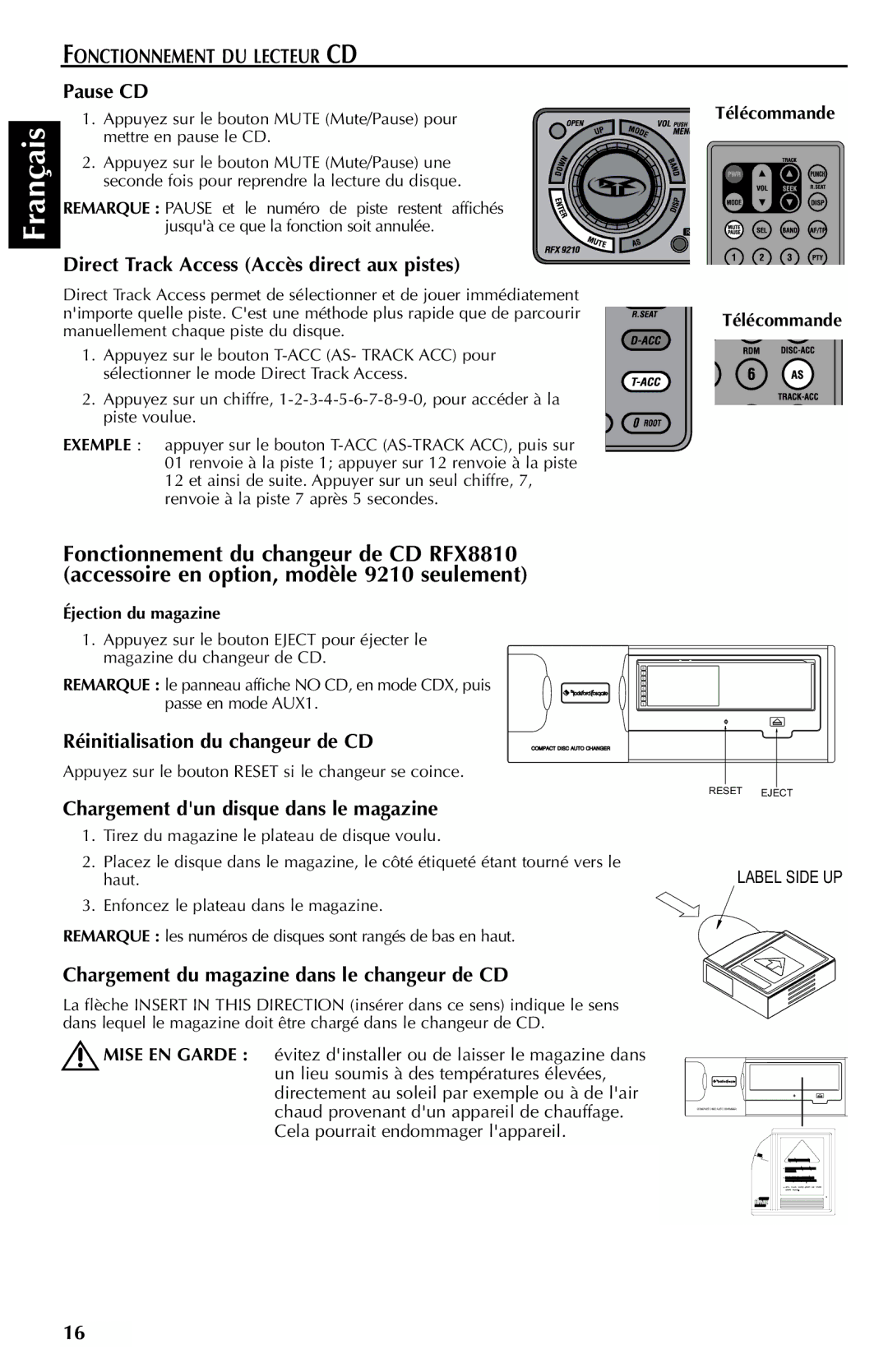 Rockford Fosgate RFX9110G, RFX9210G manual Direct Track Access Accès direct aux pistes, Réinitialisation du changeur de CD 