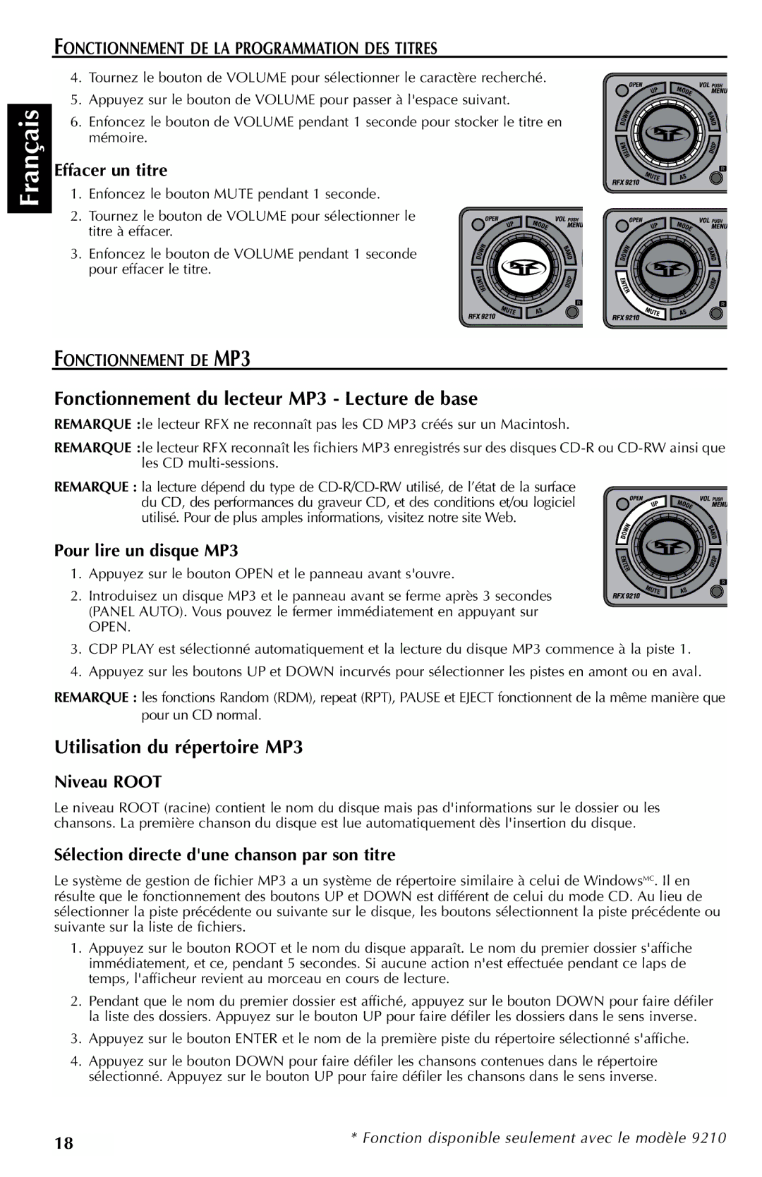 Rockford Fosgate RFX9210G, RFX9210R, RFX9110R Fonctionnement du lecteur MP3 Lecture de base, Utilisation du répertoire MP3 