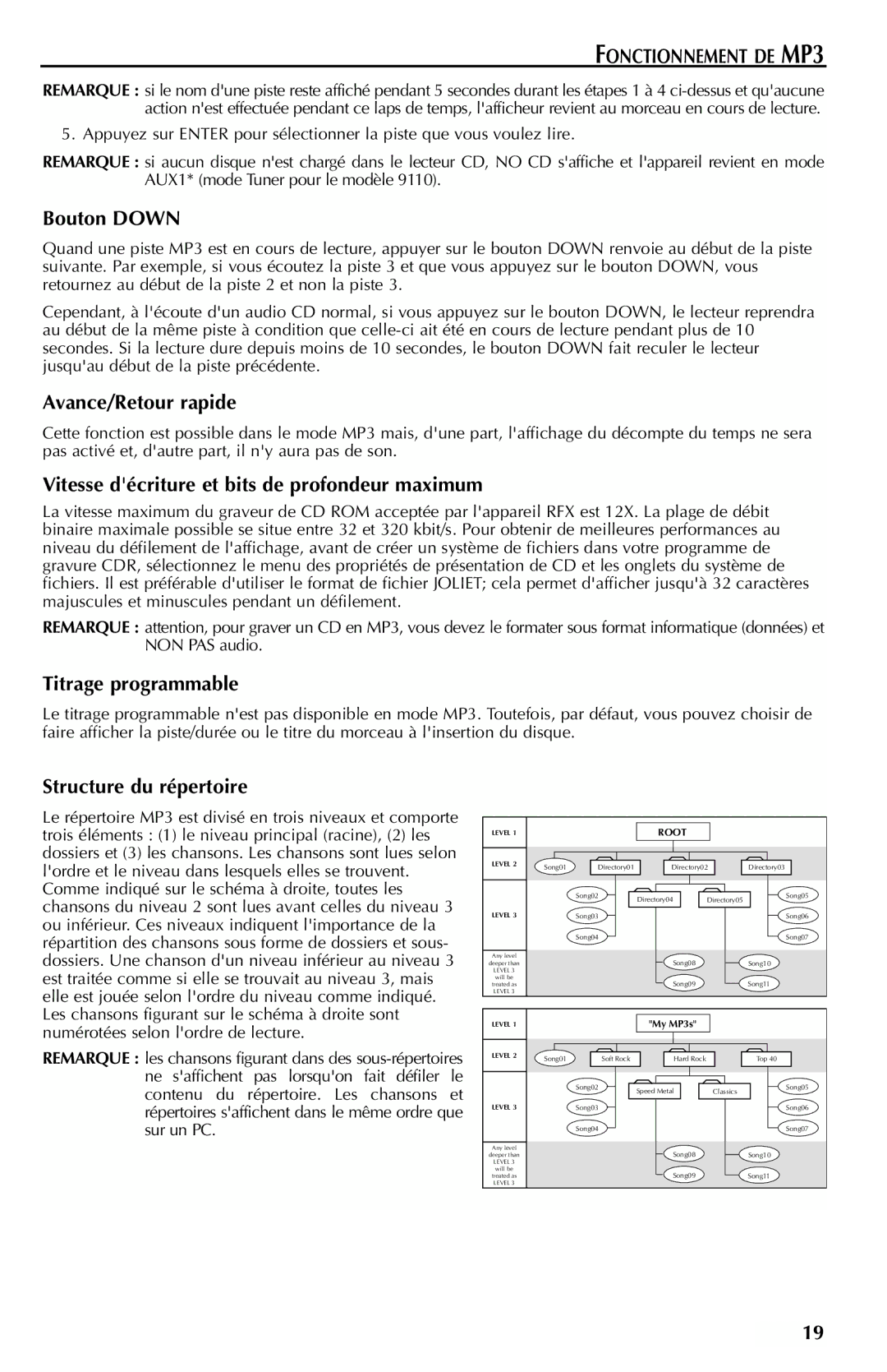 Rockford Fosgate RFX9210R, RFX9210G Bouton Down, Avance/Retour rapide, Vitesse décriture et bits de profondeur maximum 