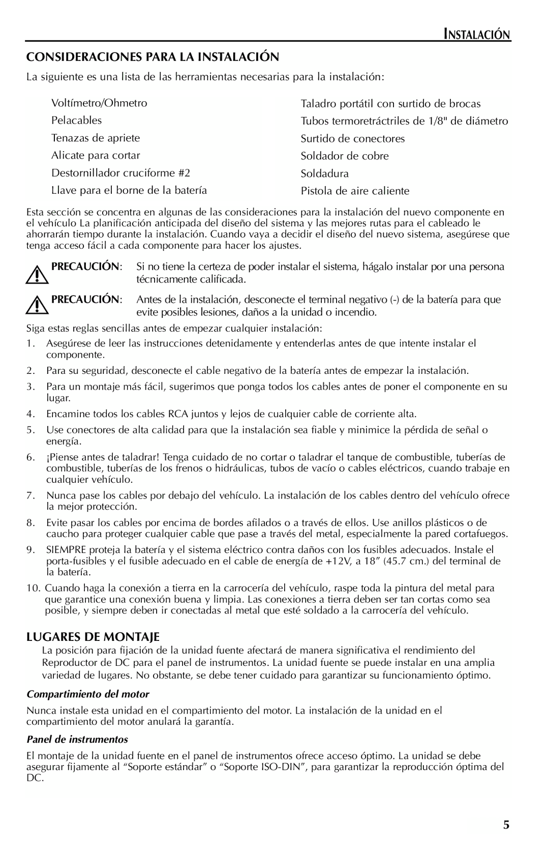 Rockford Fosgate RFX9110 Instalación Consideraciones Para LA Instalación, Lugares DE Montaje, Compartimiento del motor 