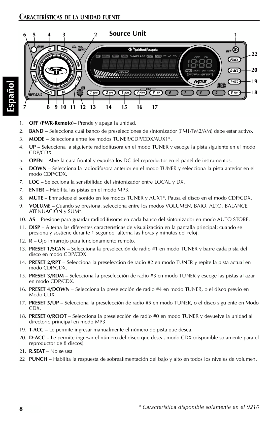 Rockford Fosgate RFX9110R, RFX9210G, RFX9210R, RFX9110G manual Características DE LA Unidad Fuente 