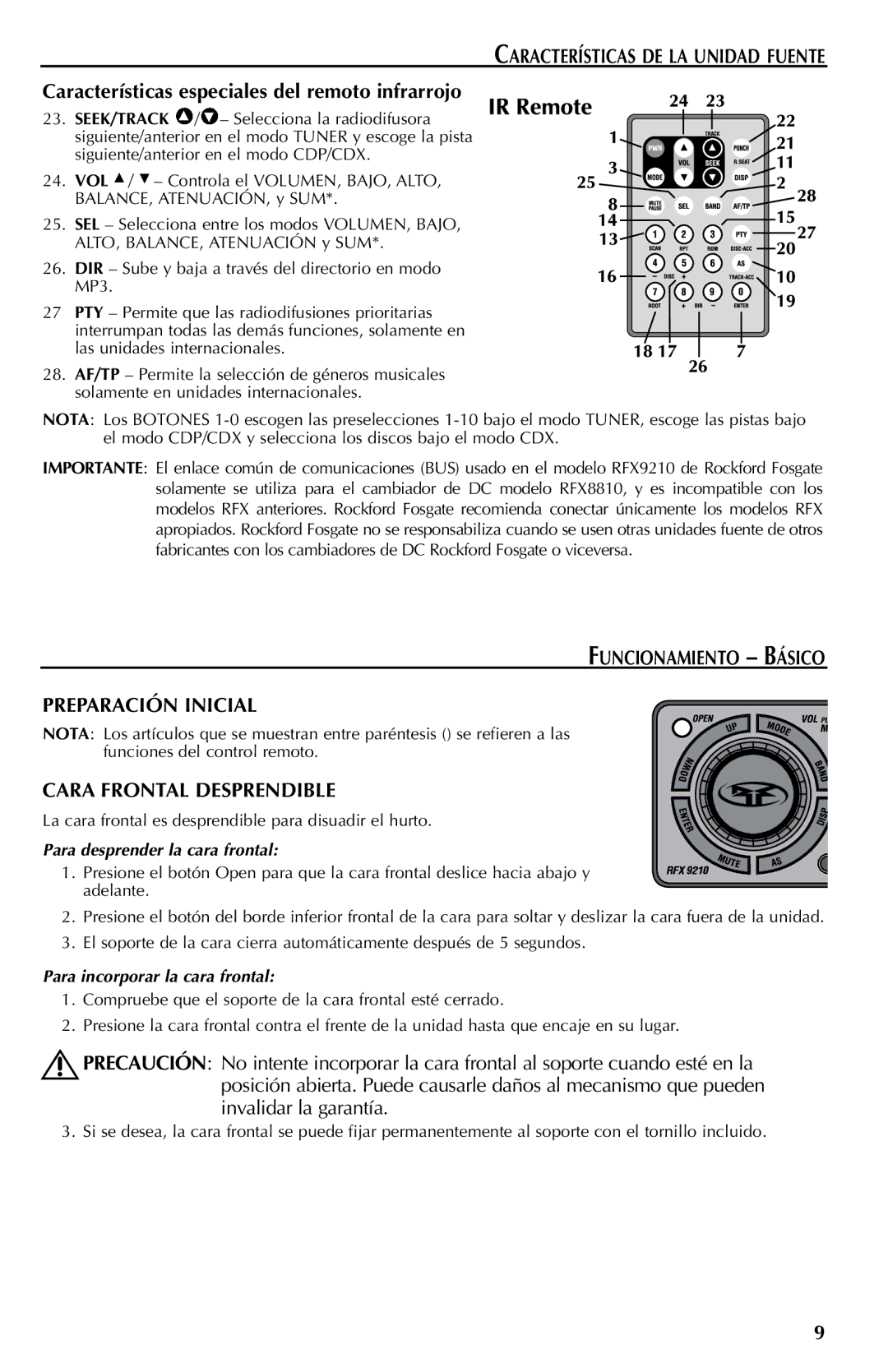 Rockford Fosgate RFX9210 manual Características especiales del remoto infrarrojo, Funcionamiento Básico Preparación Inicial 