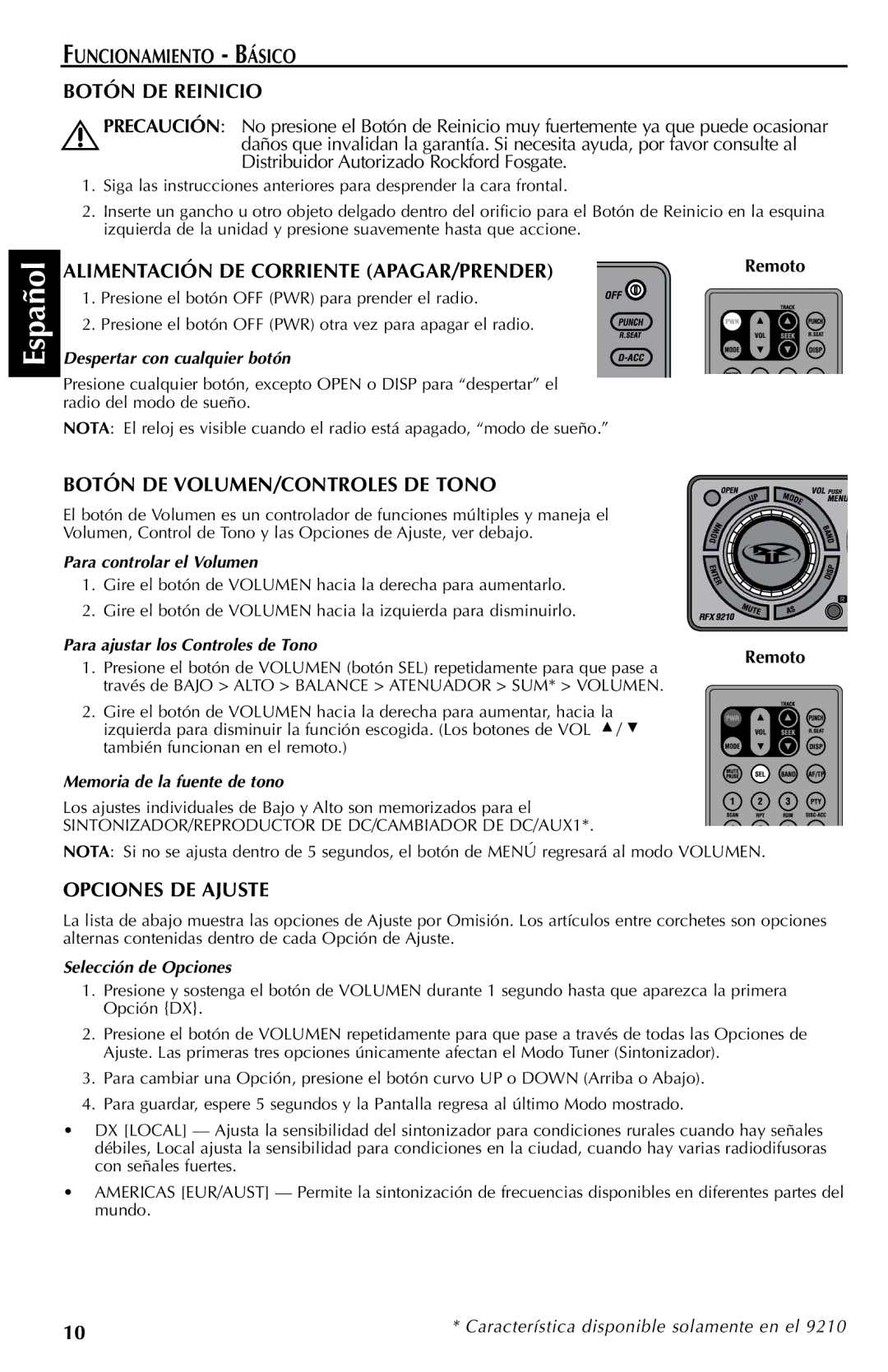 Rockford Fosgate RFX9110G manual Funcionamiento Básico Botón DE Reinicio, Alimentación DE Corriente APAGAR/PRENDER, Remoto 