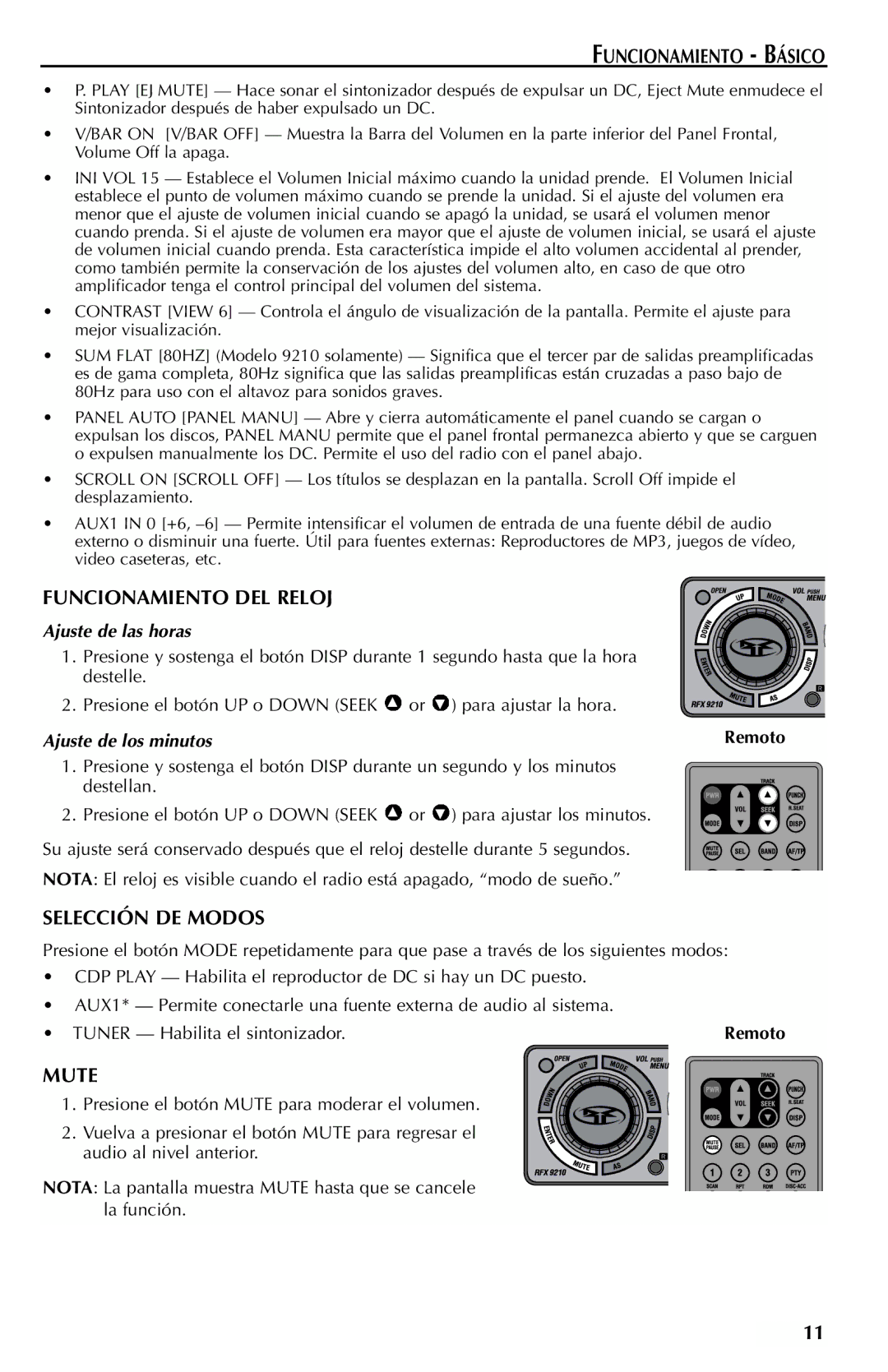 Rockford Fosgate RFX9110, RFX9210 Funcionamiento Básico, Funcionamiento DEL Reloj, Selección DE Modos, Ajuste de las horas 