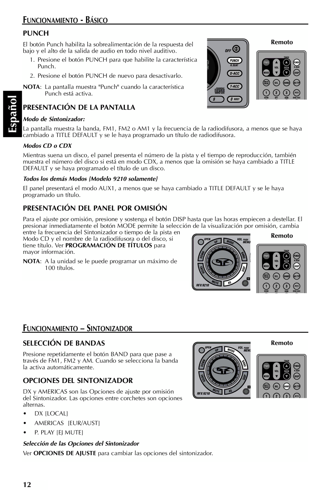 Rockford Fosgate RFX9210G Funcionamiento Básico Punch, Presentación DE LA Pantalla, Presentación DEL Panel POR Omisión 