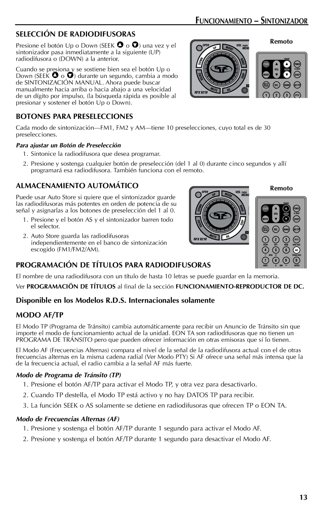 Rockford Fosgate RFX9210R Funcionamiento Sintonizador Selección DE Radiodifusoras, Botones Para Preselecciones, Modo AF/TP 