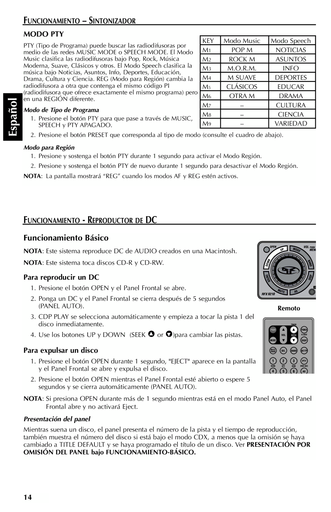 Rockford Fosgate RFX9110R Funcionamiento Básico, Funcionamiento Sintonizador Modo PTY, Funcionamiento Reproductor DE DC 