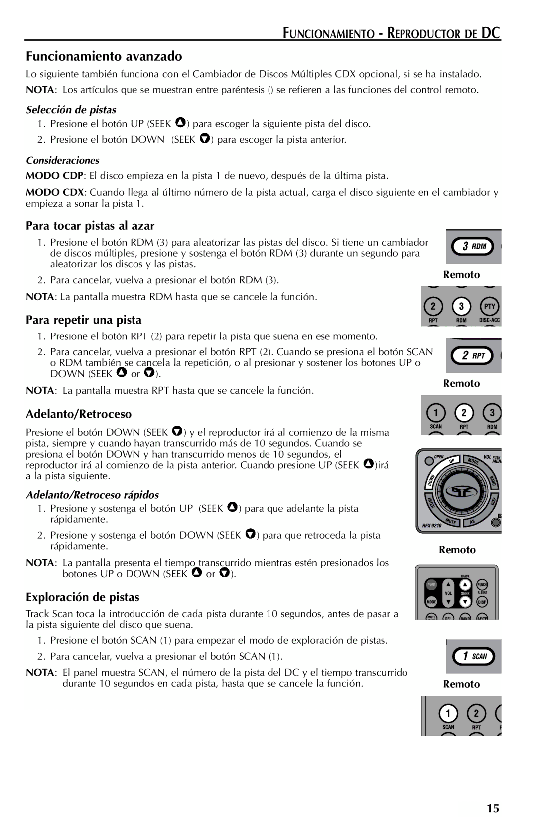 Rockford Fosgate RFX9210 Funcionamiento avanzado, Para tocar pistas al azar, Para repetir una pista, Adelanto/Retroceso 