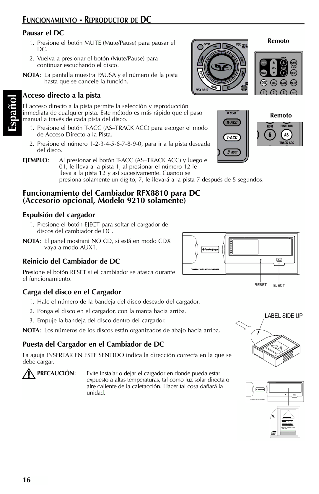 Rockford Fosgate RFX9110G, RFX9210G, RFX9210R manual Pausar el DC, Acceso directo a la pista, Reinicio del Cambiador de DC 