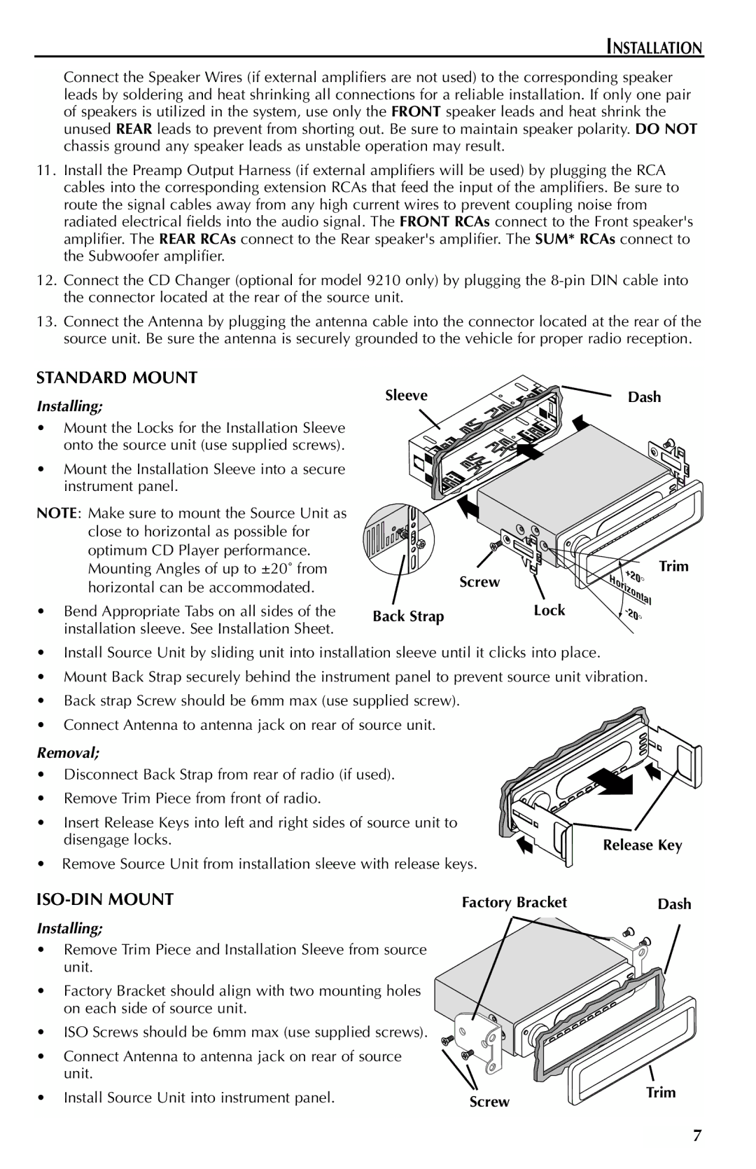 Rockford Fosgate RFX9210R, RFX9210G, RFX9110R, RFX9110G manual Standard Mount, ISO-DIN Mount, Installing, Removal 