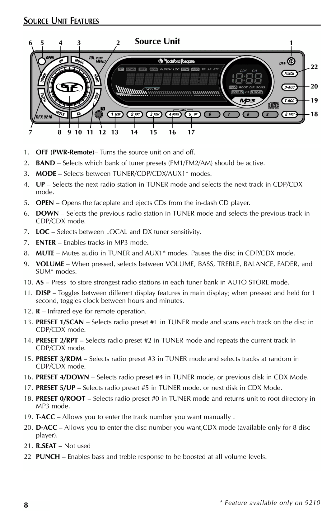 Rockford Fosgate RFX9110R, RFX9210G, RFX9210R, RFX9110G manual Source Unit Features 