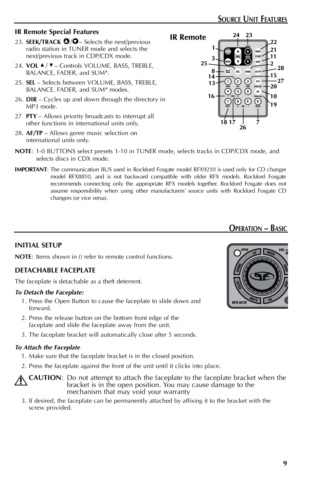Rockford Fosgate RFX9210G, RFX9210R manual IR Remote Special Features, Operation Basic Initial Setup Detachable Faceplate 