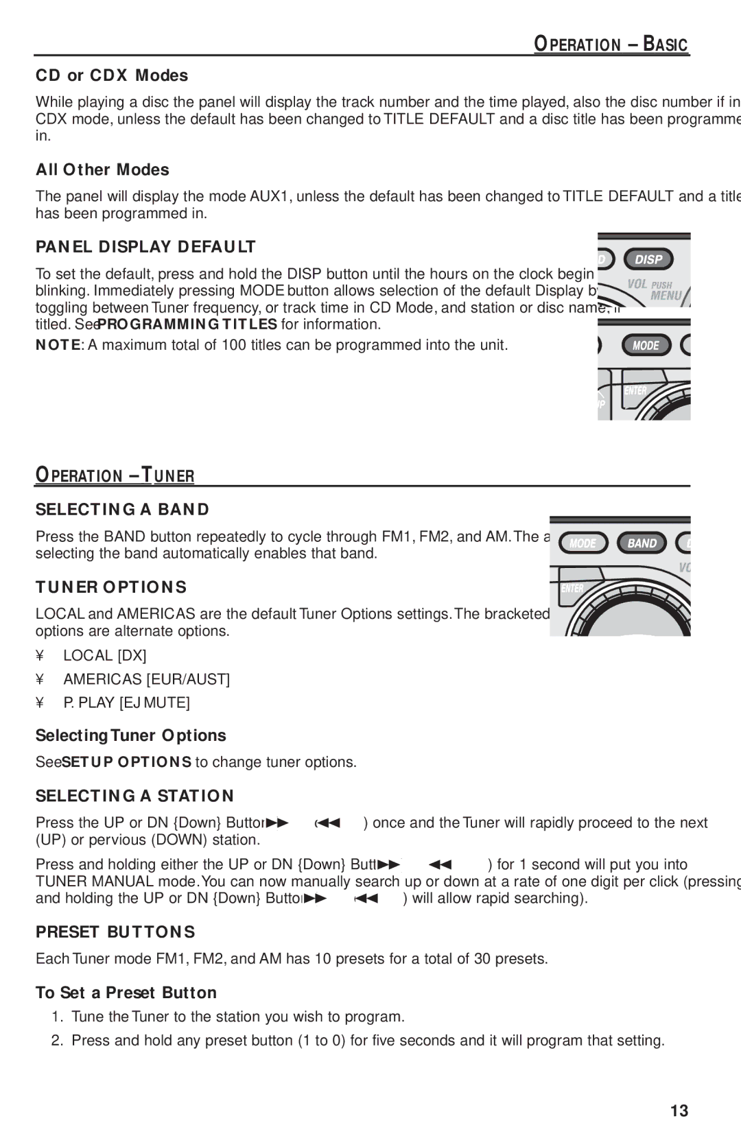 Rockford Fosgate RFX9220M Panel Display Default, Operation Tuner Selecting a Band, Tuner Options, Selecting a Station 